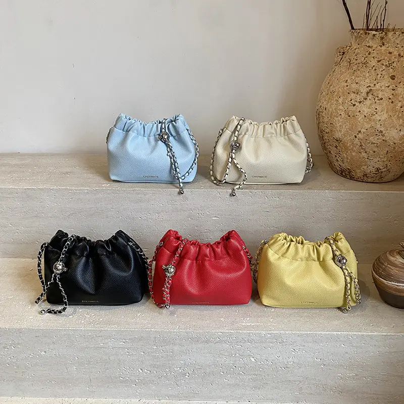 Women's Cream Bucket Bag with Chain Strap