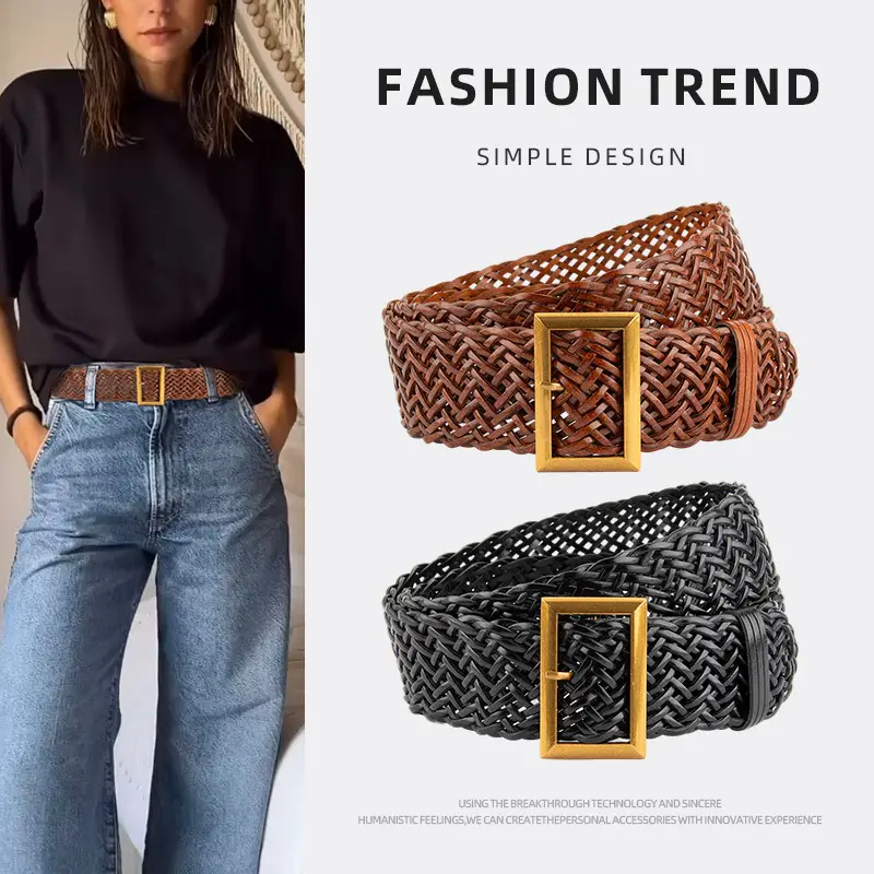 Brown Woven Belt with Vintage Buckle for Women