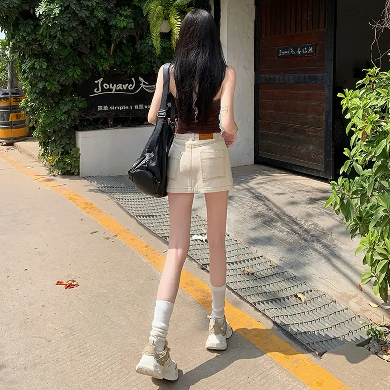Young Orange American Style Dark Blue Denim Skirt High Waist Slim Fit