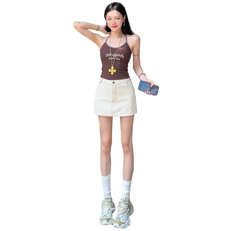 Young Orange American Style Dark Blue Denim Skirt High Waist Slim Fit