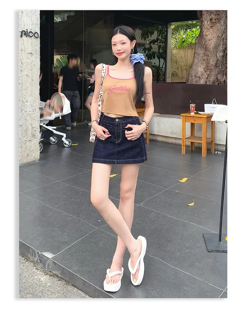 Young Orange American Style Dark Blue Denim Skirt High Waist Slim Fit — feature 11