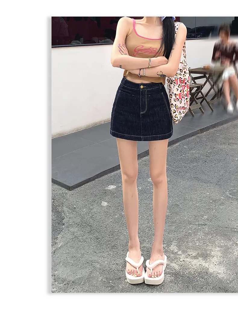 Young Orange American Style Dark Blue Denim Skirt High Waist Slim Fit — feature 12