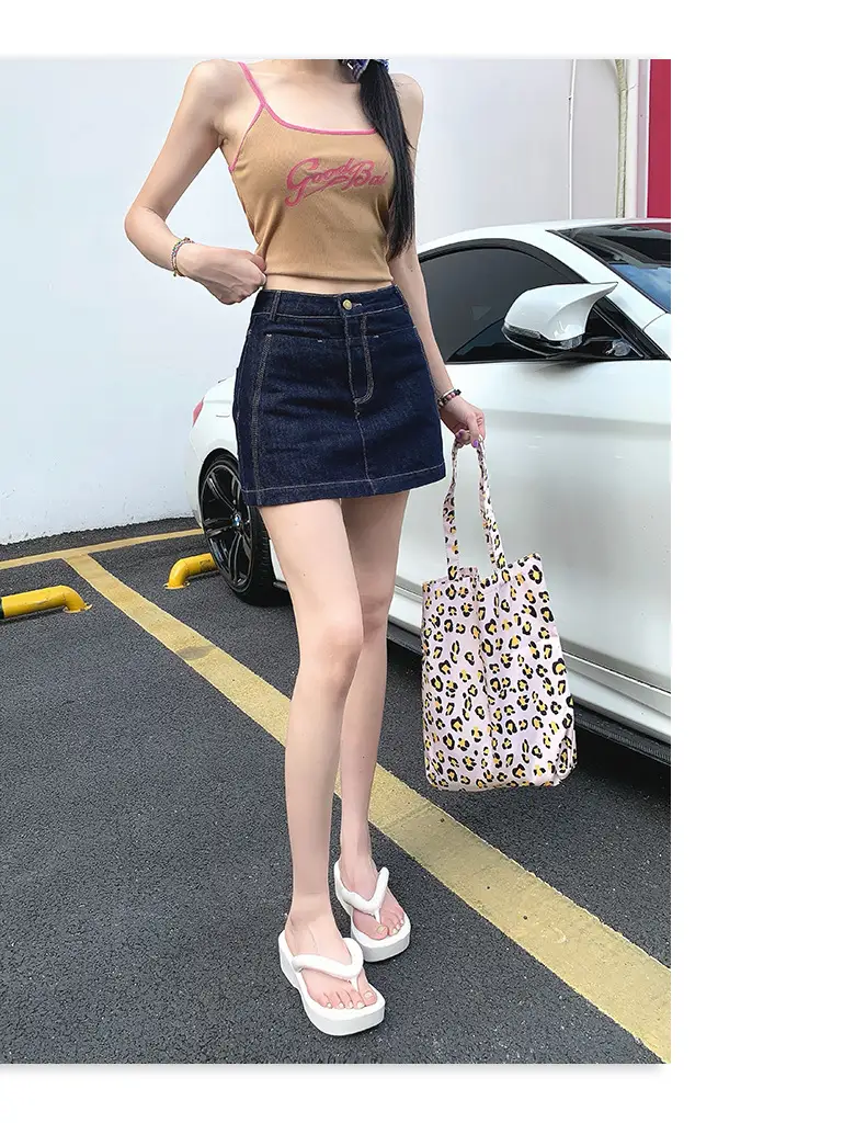 Young Orange American Style Dark Blue Denim Skirt High Waist Slim Fit — feature 13