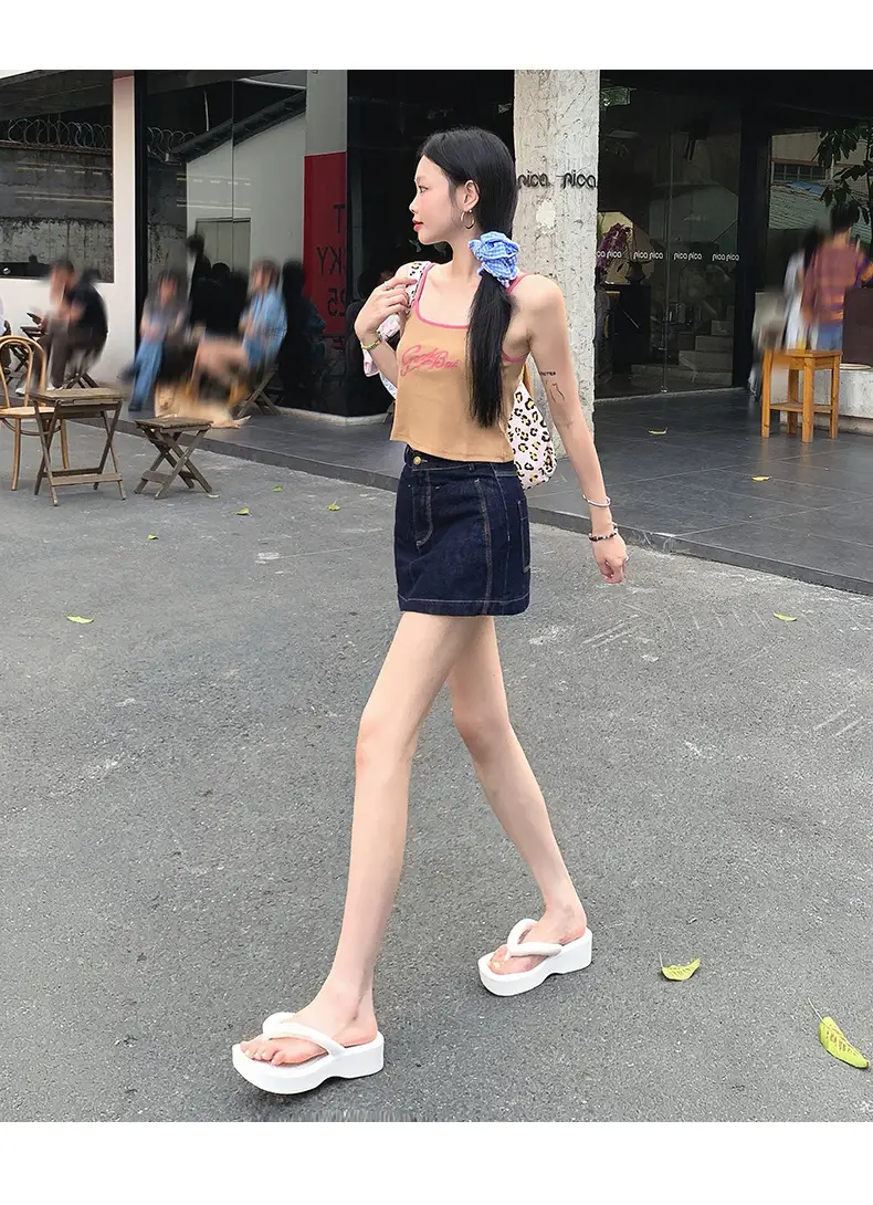 Young Orange American Style Dark Blue Denim Skirt High Waist Slim Fit — feature 14
