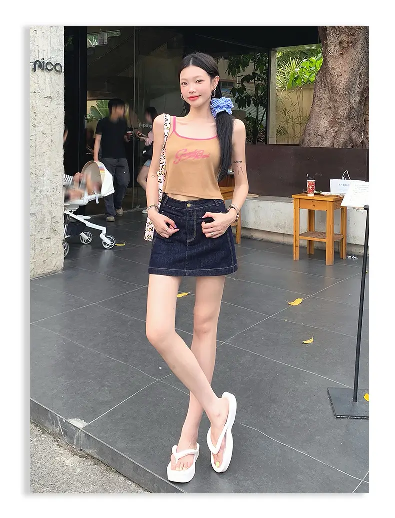 Young Orange American Style Dark Blue Denim Skirt High Waist Slim Fit — feature 15