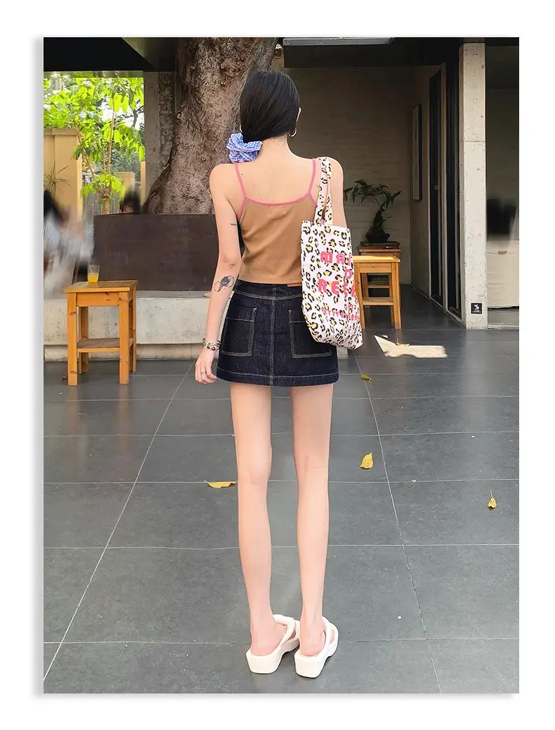 Young Orange American Style Dark Blue Denim Skirt High Waist Slim Fit — feature 16