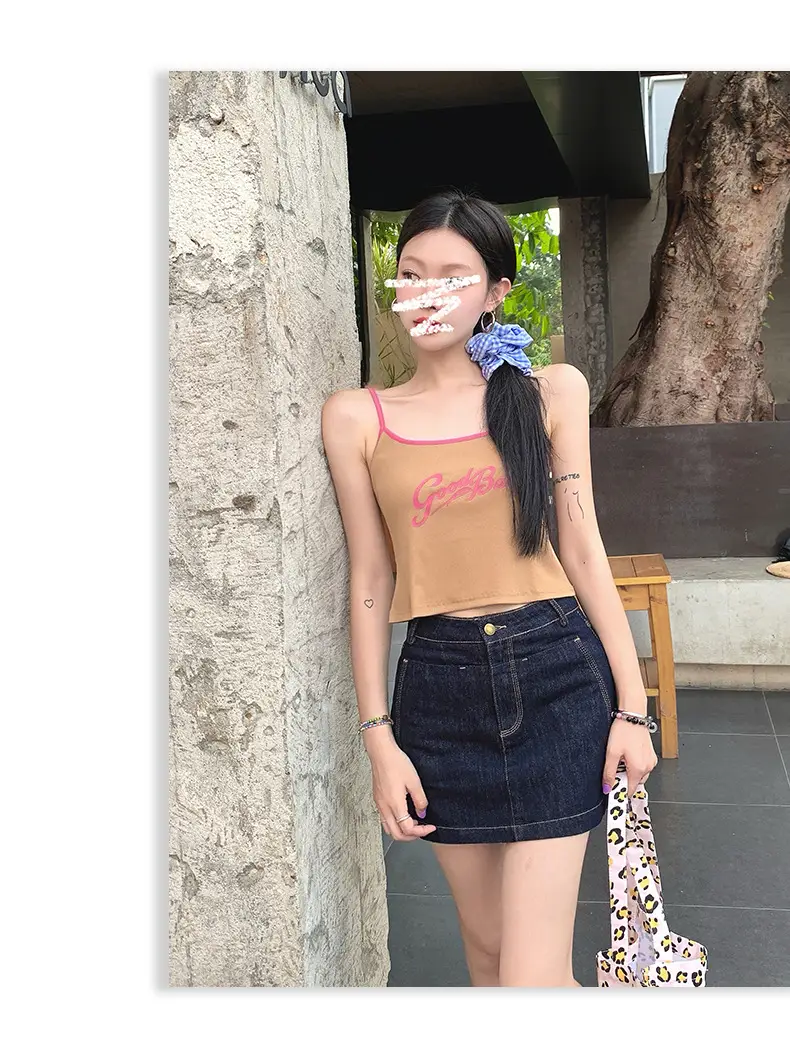 Young Orange American Style Dark Blue Denim Skirt High Waist Slim Fit — feature 17