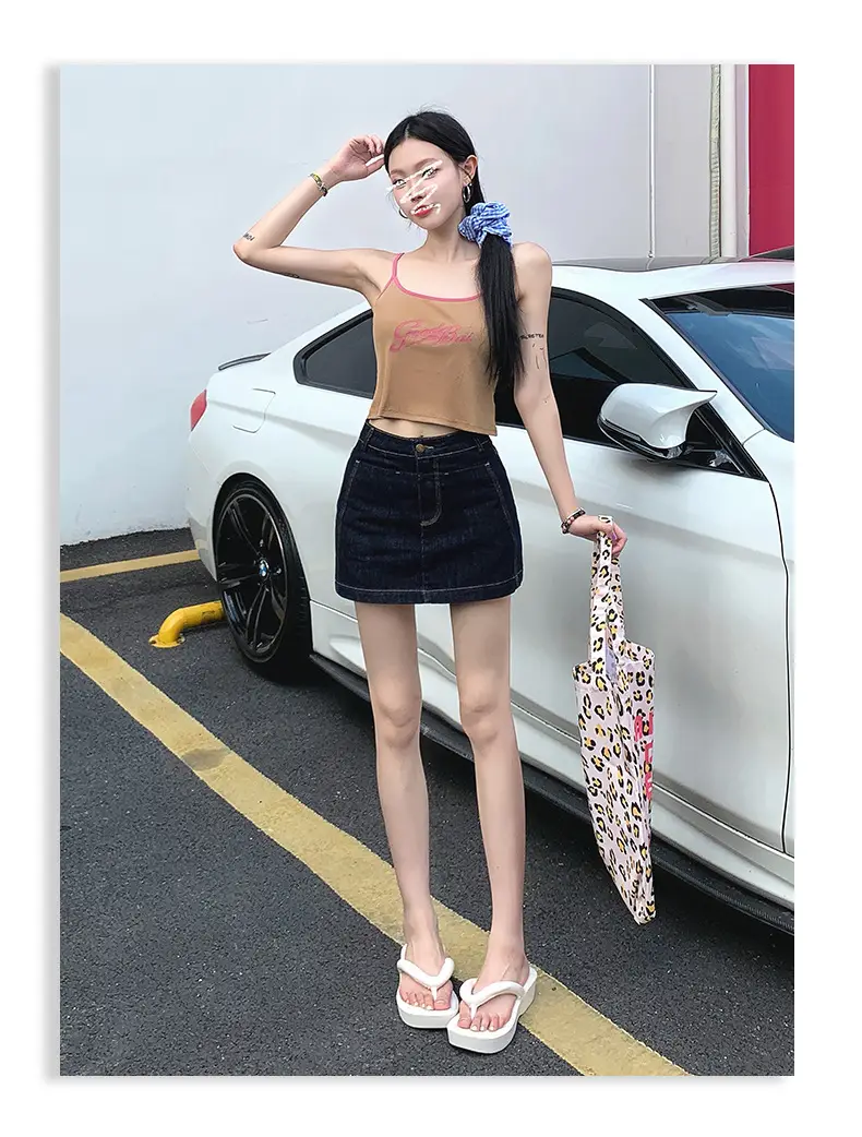 Young Orange American Style Dark Blue Denim Skirt High Waist Slim Fit — feature 19