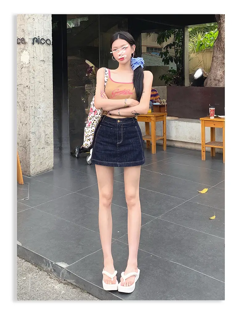 Young Orange American Style Dark Blue Denim Skirt High Waist Slim Fit — feature 20