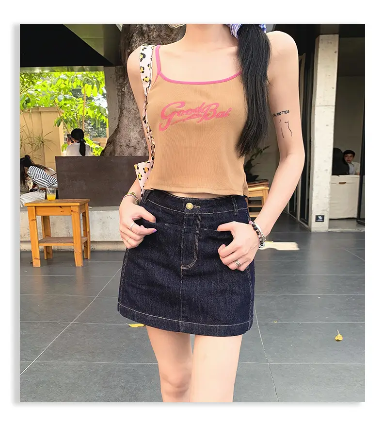 Young Orange American Style Dark Blue Denim Skirt High Waist Slim Fit — feature 21