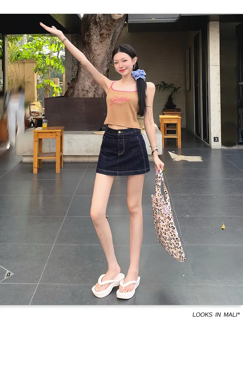 Young Orange American Style Dark Blue Denim Skirt High Waist Slim Fit — feature 22