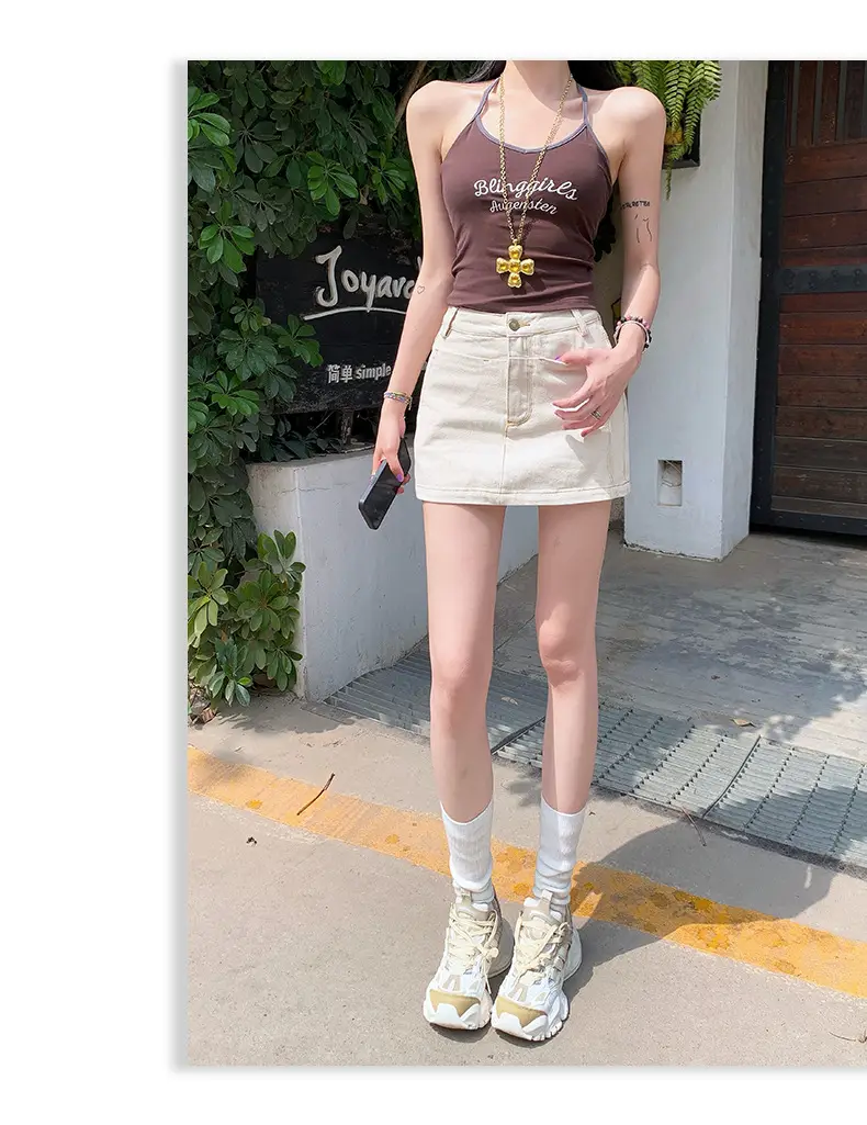Young Orange American Style Dark Blue Denim Skirt High Waist Slim Fit — feature 25