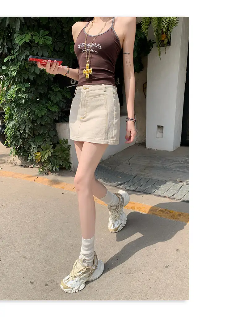 Young Orange American Style Dark Blue Denim Skirt High Waist Slim Fit — feature 26