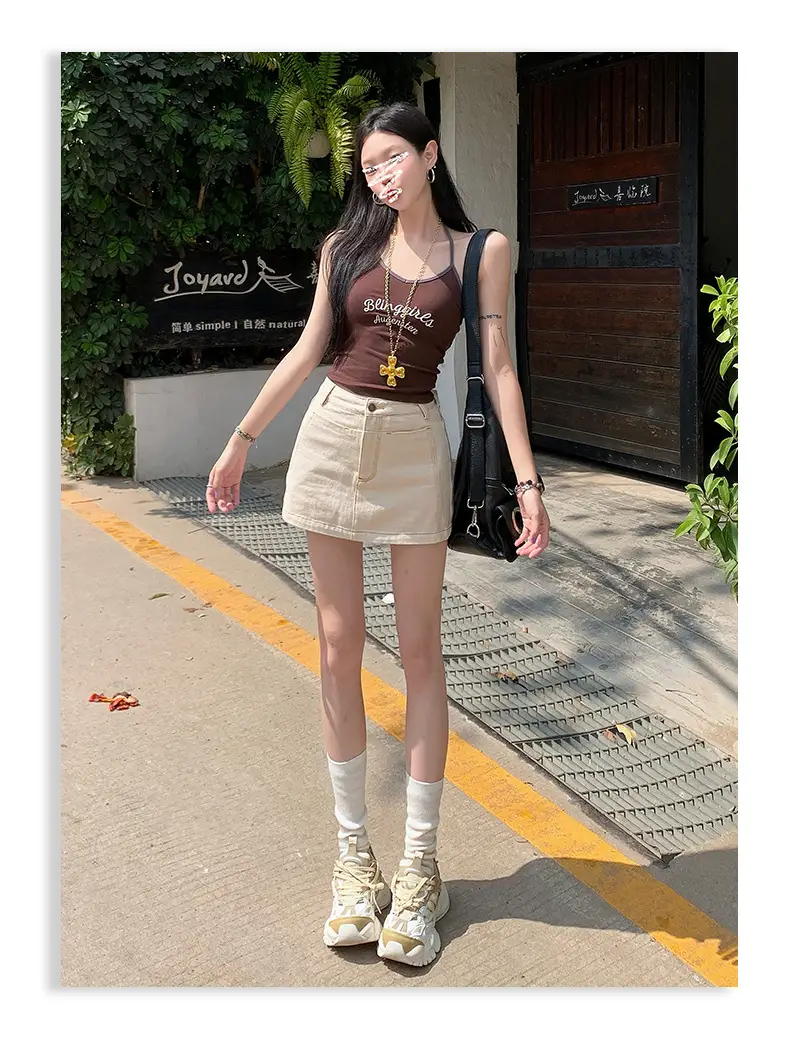 Young Orange American Style Dark Blue Denim Skirt High Waist Slim Fit — feature 28