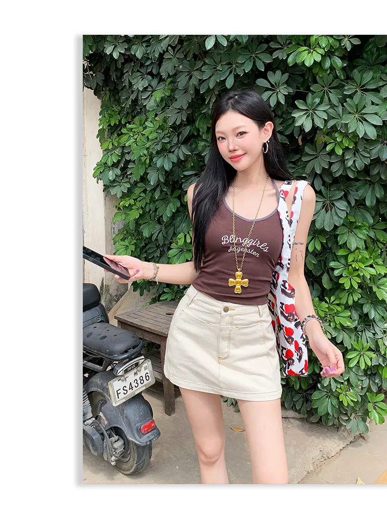 Young Orange American Style Dark Blue Denim Skirt High Waist Slim Fit — feature 30