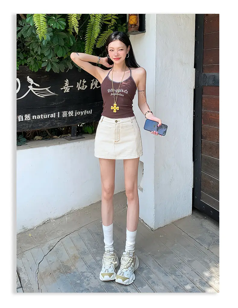 Young Orange American Style Dark Blue Denim Skirt High Waist Slim Fit — feature 32