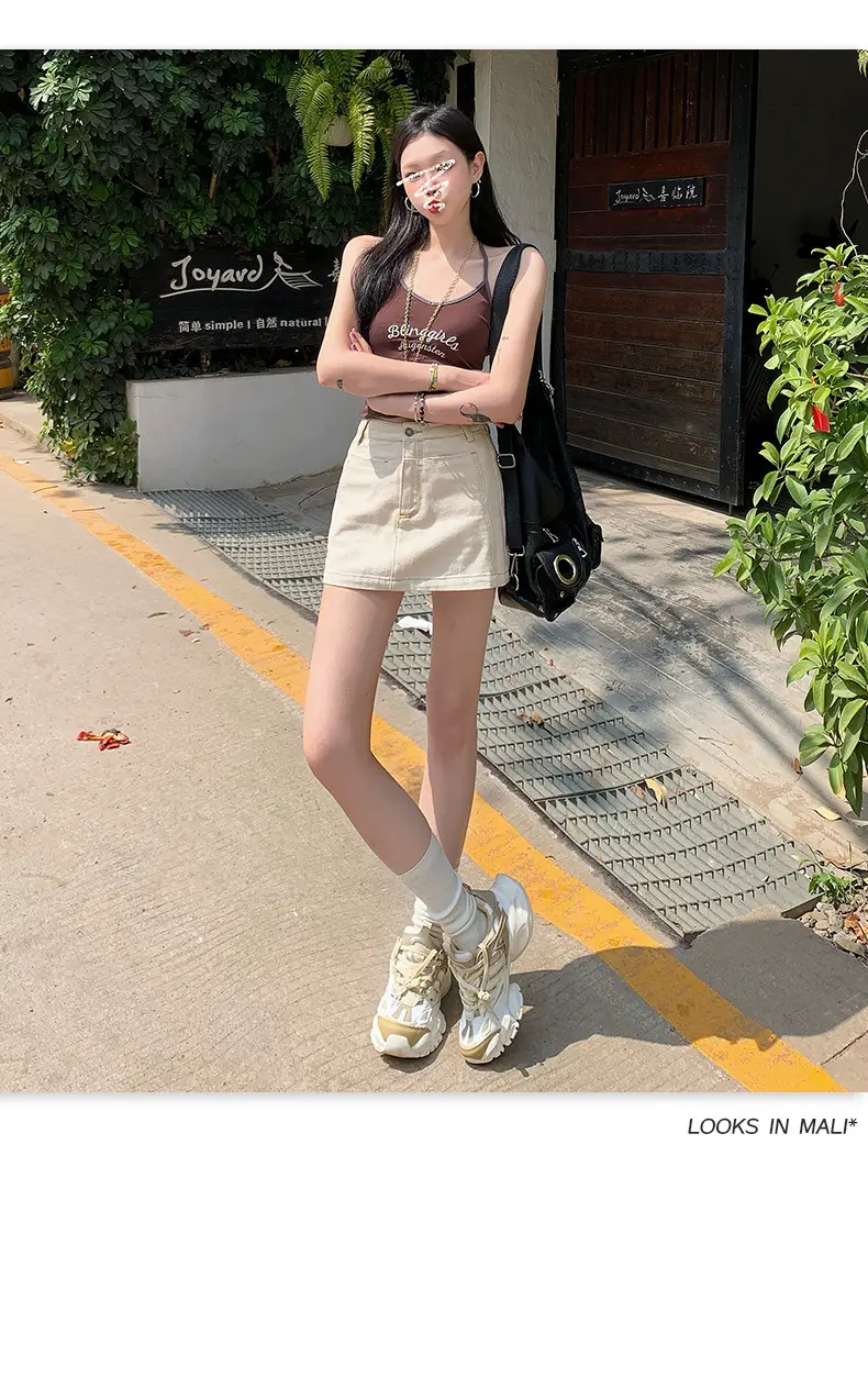 Young Orange American Style Dark Blue Denim Skirt High Waist Slim Fit — feature 34