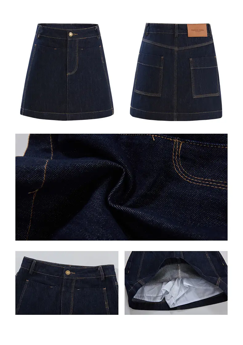Young Orange American Style Dark Blue Denim Skirt High Waist Slim Fit — feature 5