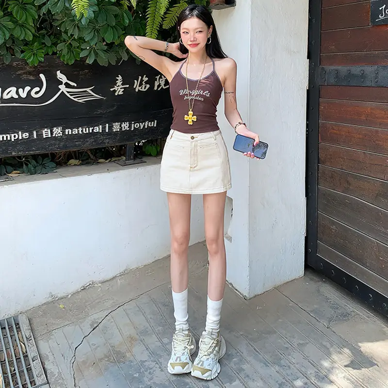 Young Orange American Style Dark Blue Denim Skirt High Waist Slim Fit