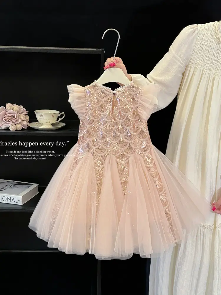 Girls' Dress 2026 Summer New Style Children's Stylish Princess Dress Baby Fashion Mesh Flutter Sleeve Vest Dress