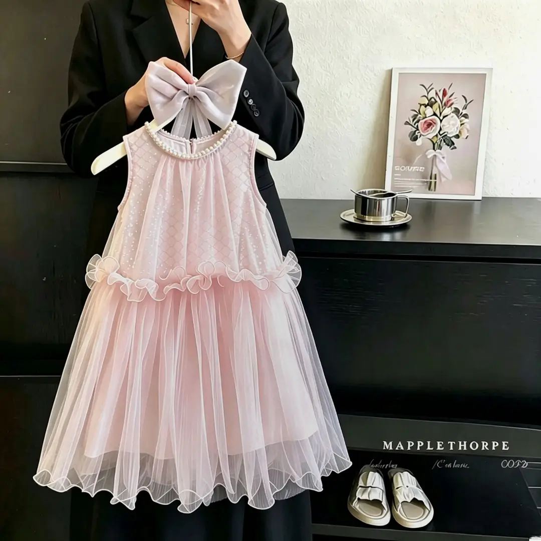 Girls' Dress 2026 Summer New Style Children's Stylish Princess Dress Baby Fashion Mesh Flutter Sleeve Vest Dress