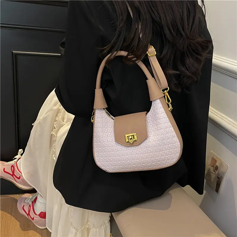 Women Crossbody Bag Woven Textured Beige Gold - Image 6