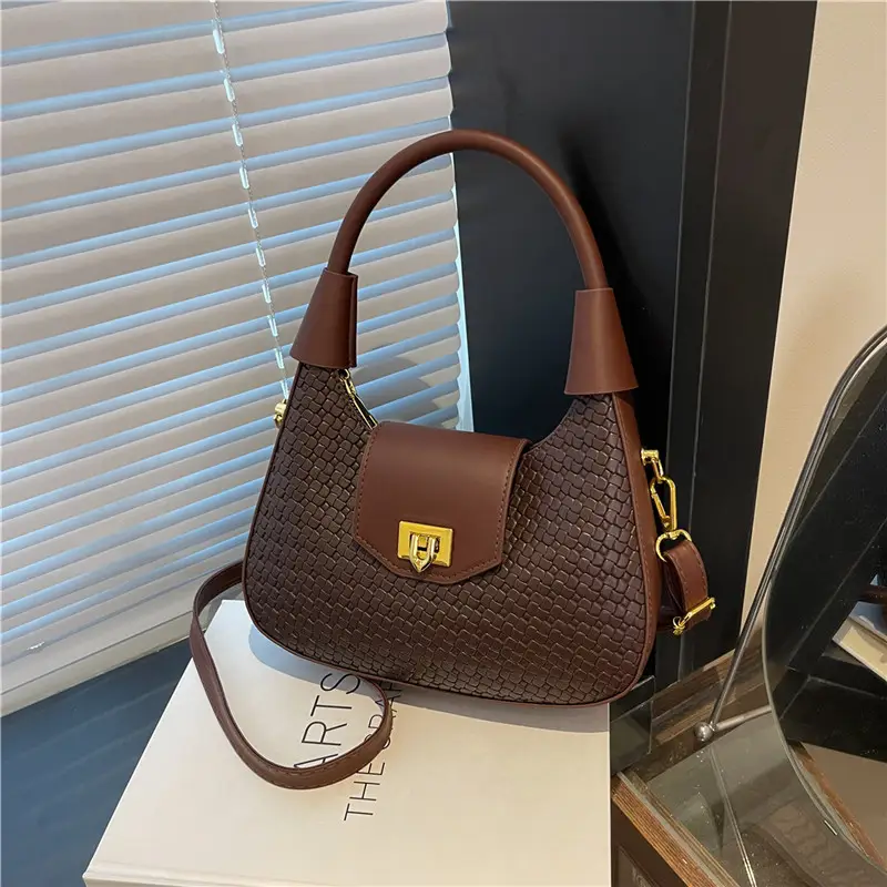 Women Crossbody Bag Woven Textured Beige Gold - Image 5