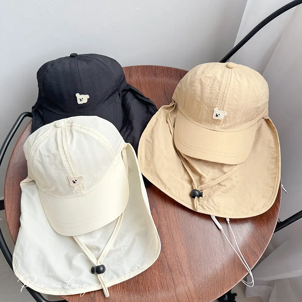 Kids Sun Hat with Wide Brim Beige and Black - Image 7