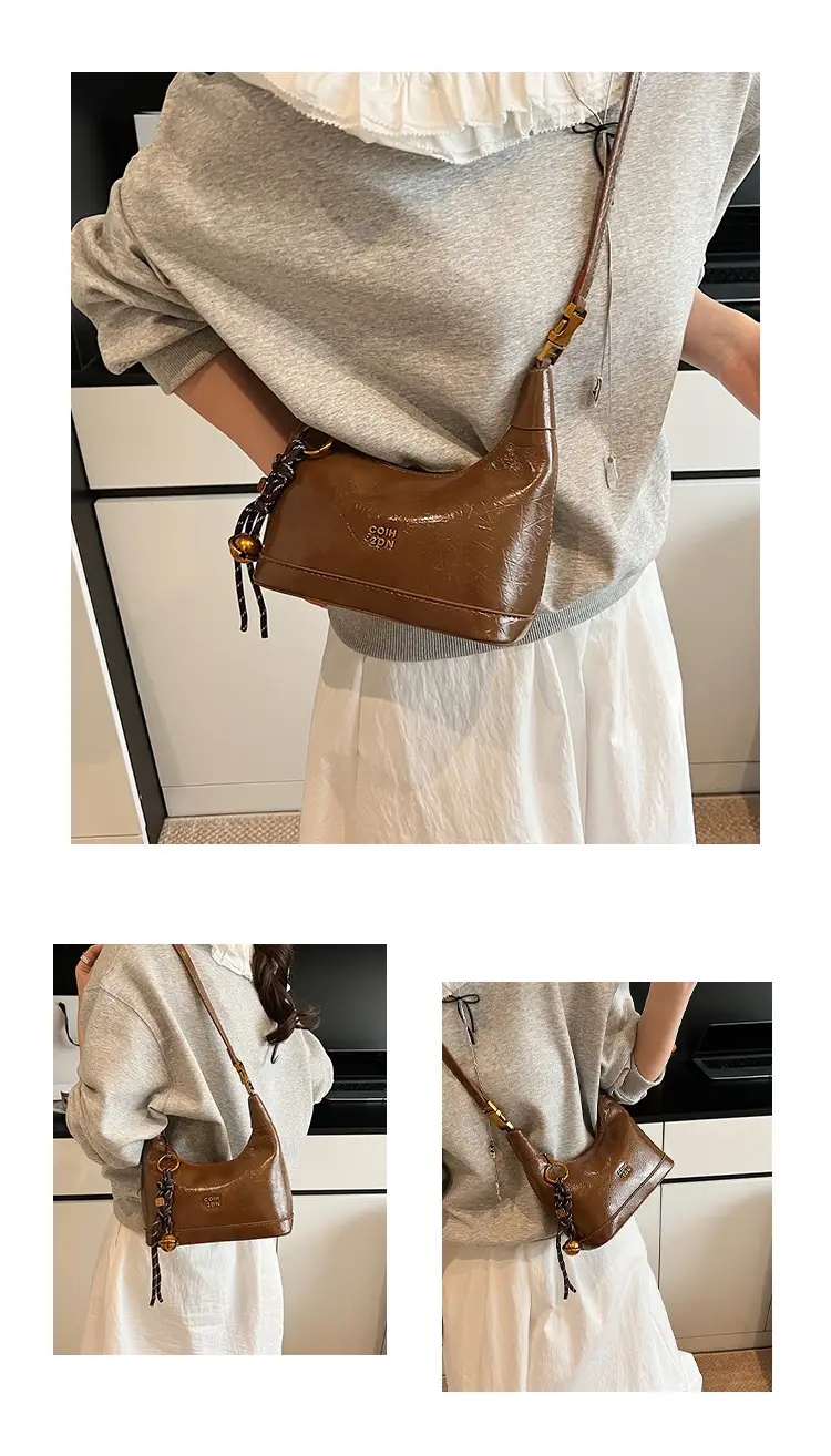 Women Retro Shoulder Bag Brown Gold Zipper Commuter Crossbody — feature 10