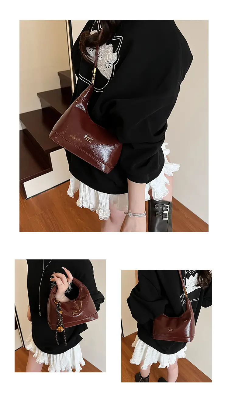 Women Retro Shoulder Bag Brown Gold Zipper Commuter Crossbody — feature 11