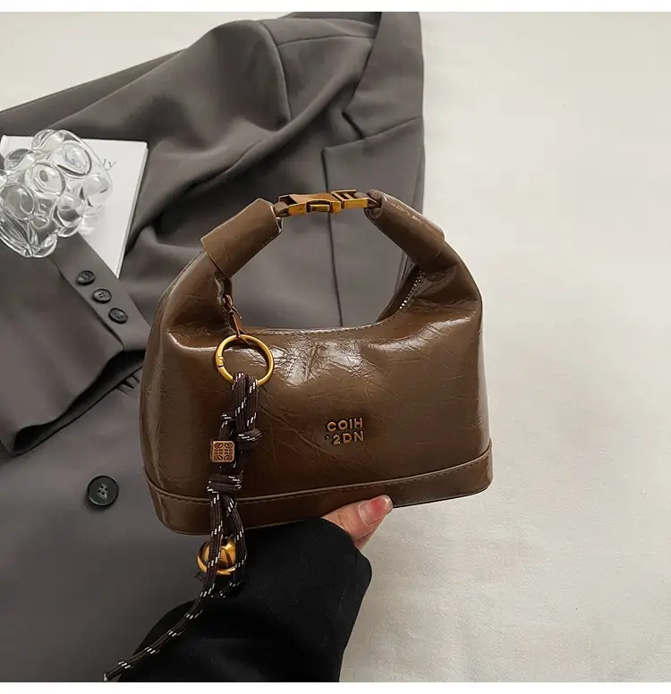 Women Retro Shoulder Bag Brown Gold Zipper Commuter Crossbody - Image 3