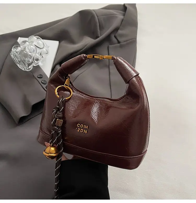 Women Retro Shoulder Bag Brown Gold Zipper Commuter Crossbody - Image 4