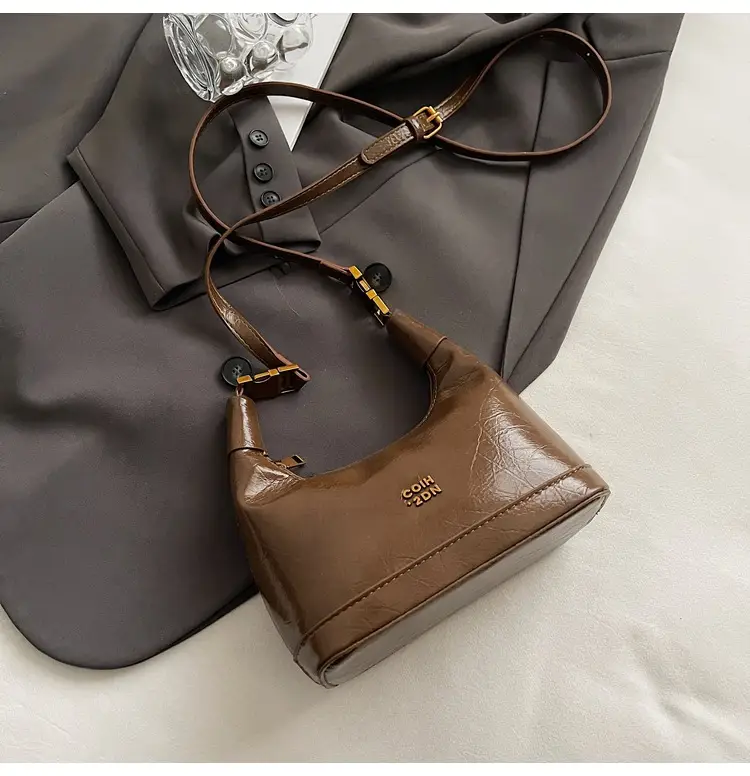 Women Retro Shoulder Bag Brown Gold Zipper Commuter Crossbody - Image 7