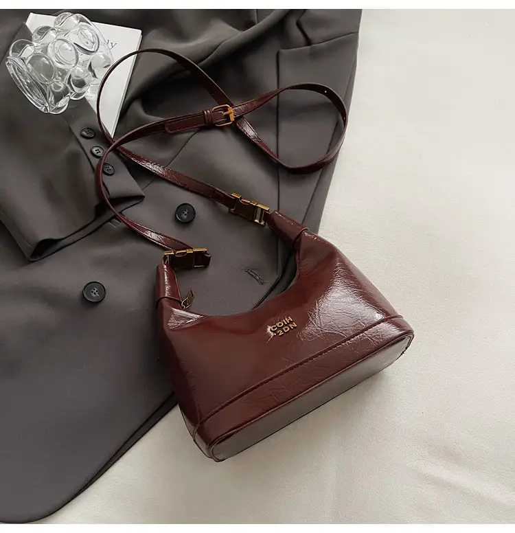 Women Retro Shoulder Bag Brown Gold Zipper Commuter Crossbody - Image 8
