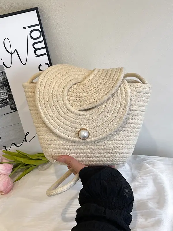 Women's Straw Bucket Bag with Pearl Button - Image 4