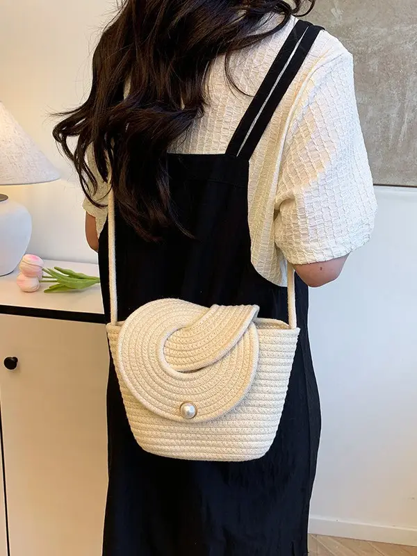 Women's Straw Bucket Bag with Pearl Button - Image 5
