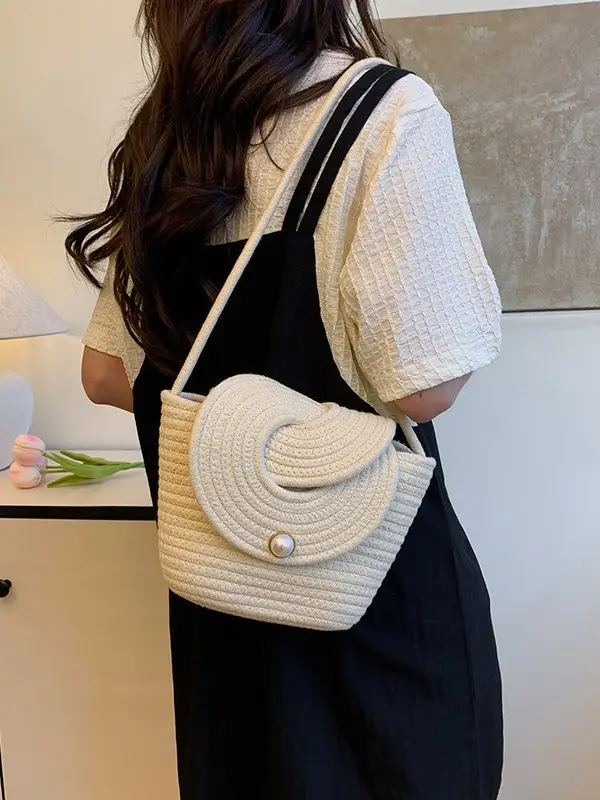 Women's Straw Bucket Bag with Pearl Button - Image 6