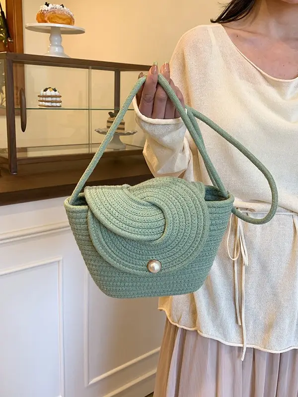 Women's Straw Bucket Bag with Pearl Button - Image 7
