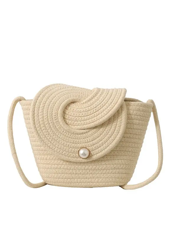 Women's Straw Bucket Bag with Pearl Button - Image 8