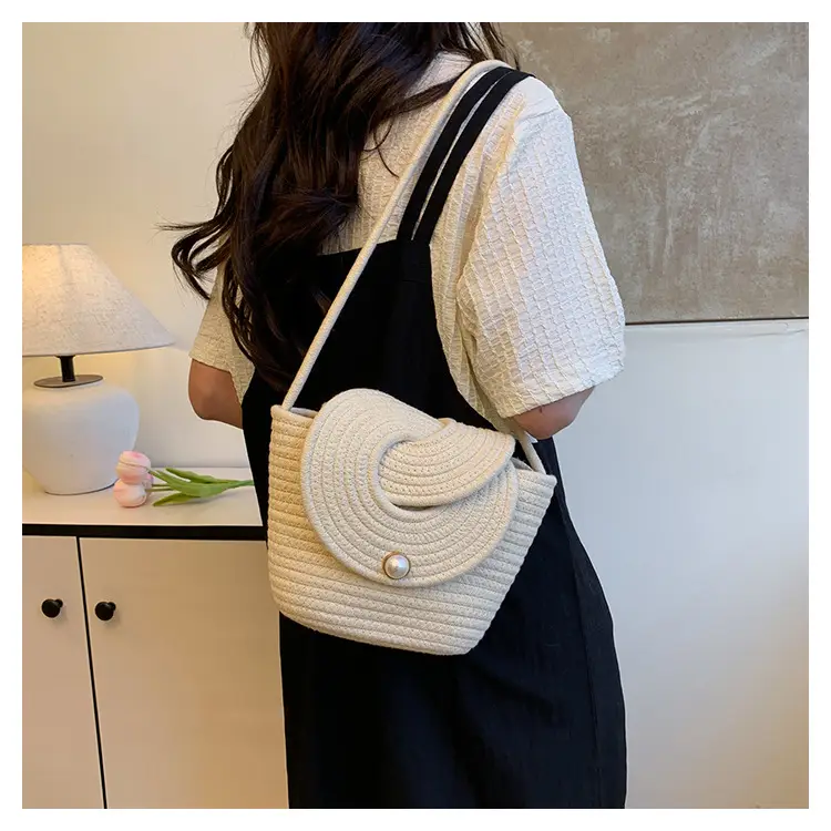 Women's Straw Bucket Bag with Pearl Button — feature 10