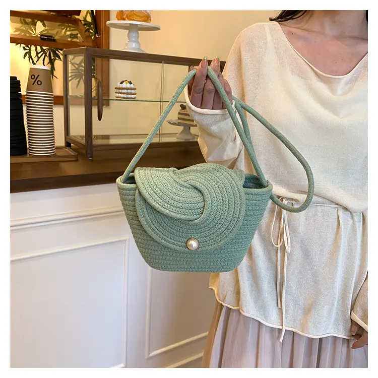 Women's Straw Bucket Bag with Pearl Button — feature 13