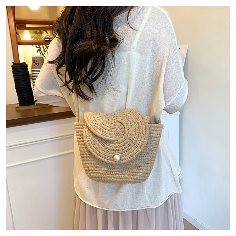 Women's Straw Bucket Bag with Pearl Button — feature 14