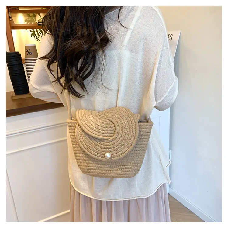 Women's Straw Bucket Bag with Pearl Button — feature 15