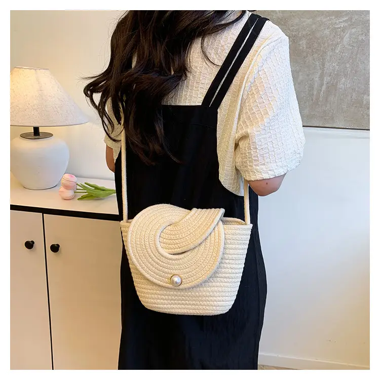 Women's Straw Bucket Bag with Pearl Button — feature 8