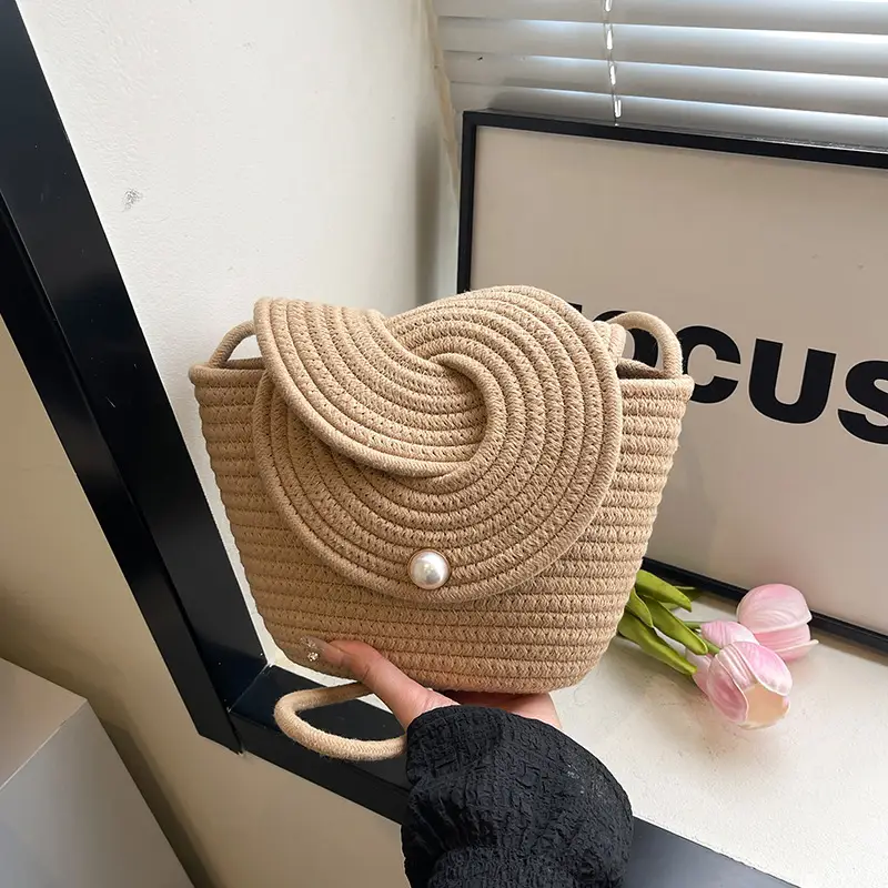 Women's Straw Bucket Bag with Pearl Button - Image 2