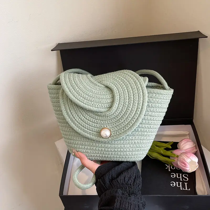 Women's Straw Bucket Bag with Pearl Button - Image 3