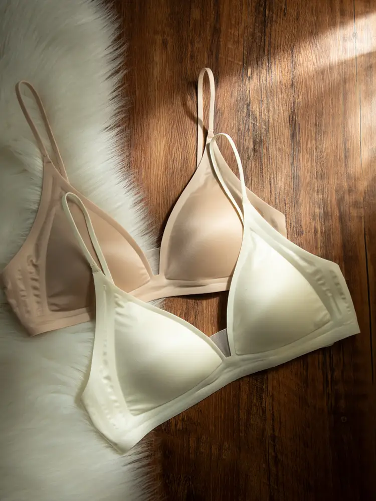 CynL Milk Satin French Style Deep V-neck Underwear Women's Summer Thin Shoulder Strap Non-marking Triangle Cup Small Chest Non-rimless Thin Bra — feature 10