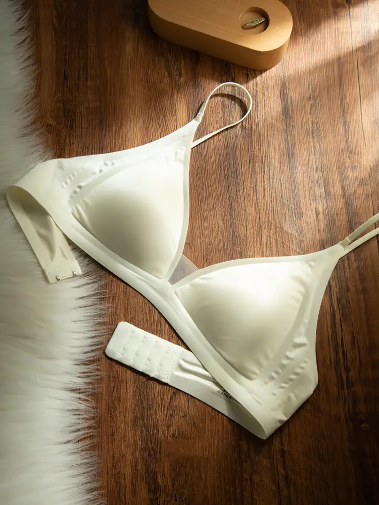 CynL Milk Satin French Style Deep V-neck Underwear Women's Summer Thin Shoulder Strap Non-marking Triangle Cup Small Chest Non-rimless Thin Bra — feature 15