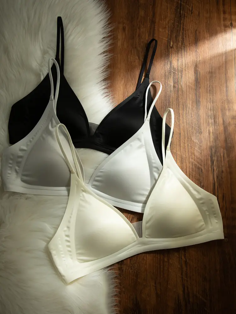CynL Milk Satin French Style Deep V-neck Underwear Women's Summer Thin Shoulder Strap Non-marking Triangle Cup Small Chest Non-rimless Thin Bra — feature 18