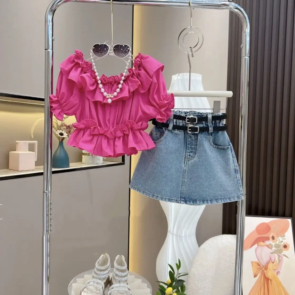 Ancorelala Girls Ruffled Top & Denim Skirt Set Pink - Image 4